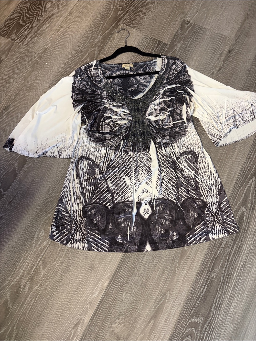 ONE WORLD Black & White Printed V-Neck Tunic with Beaded Detail